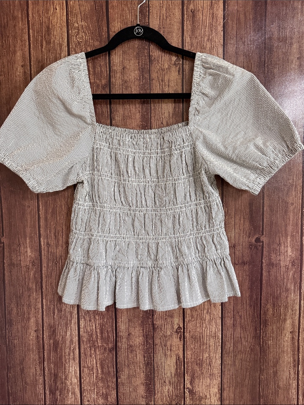 Buffalo David Bitton Beige-Striped Smocked Square-Neck Puff Sleeve Top
